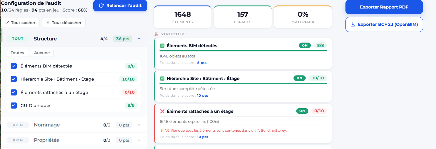 BIMREVO Audit BIM - Configuration des règles avec pondération, drill-down par section et bouton Relancer l'audit