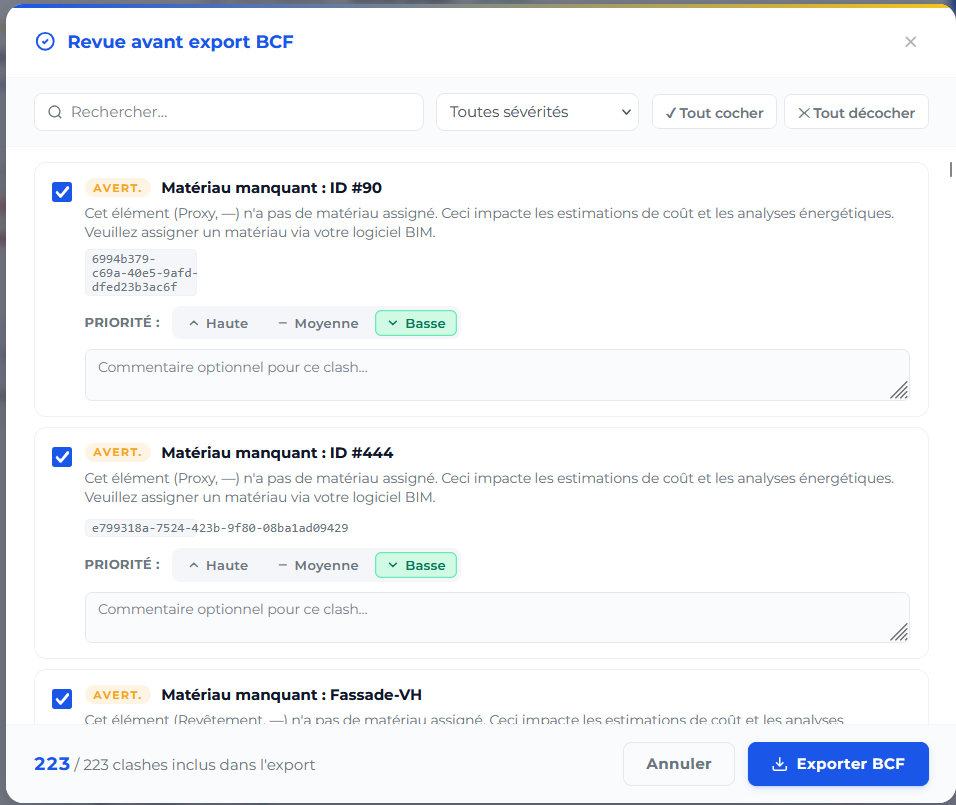BIMREVO Modal de revue avant export BCF avec priorités Haute/Moyenne/Basse