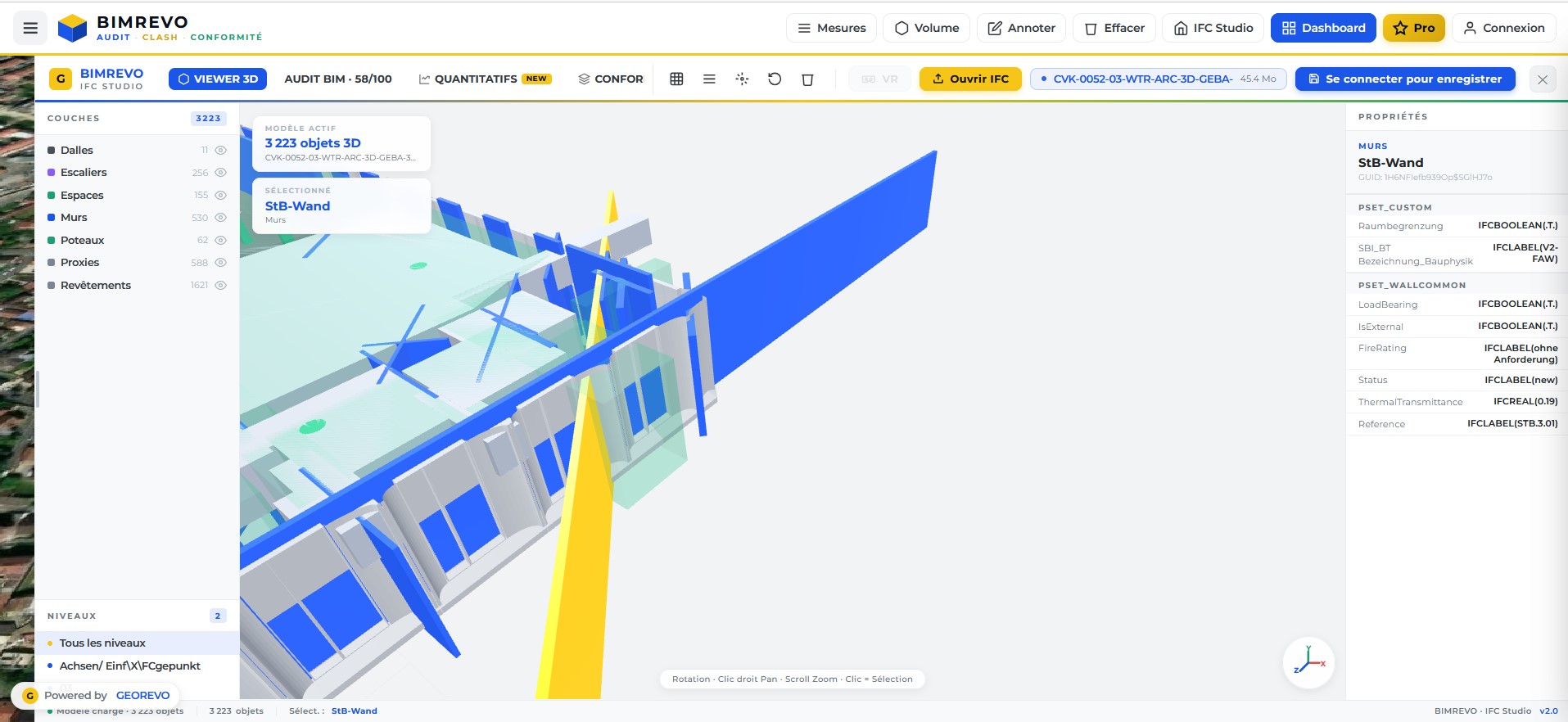BIMREVO Détection clash 3D - Mur sélectionné en jaune