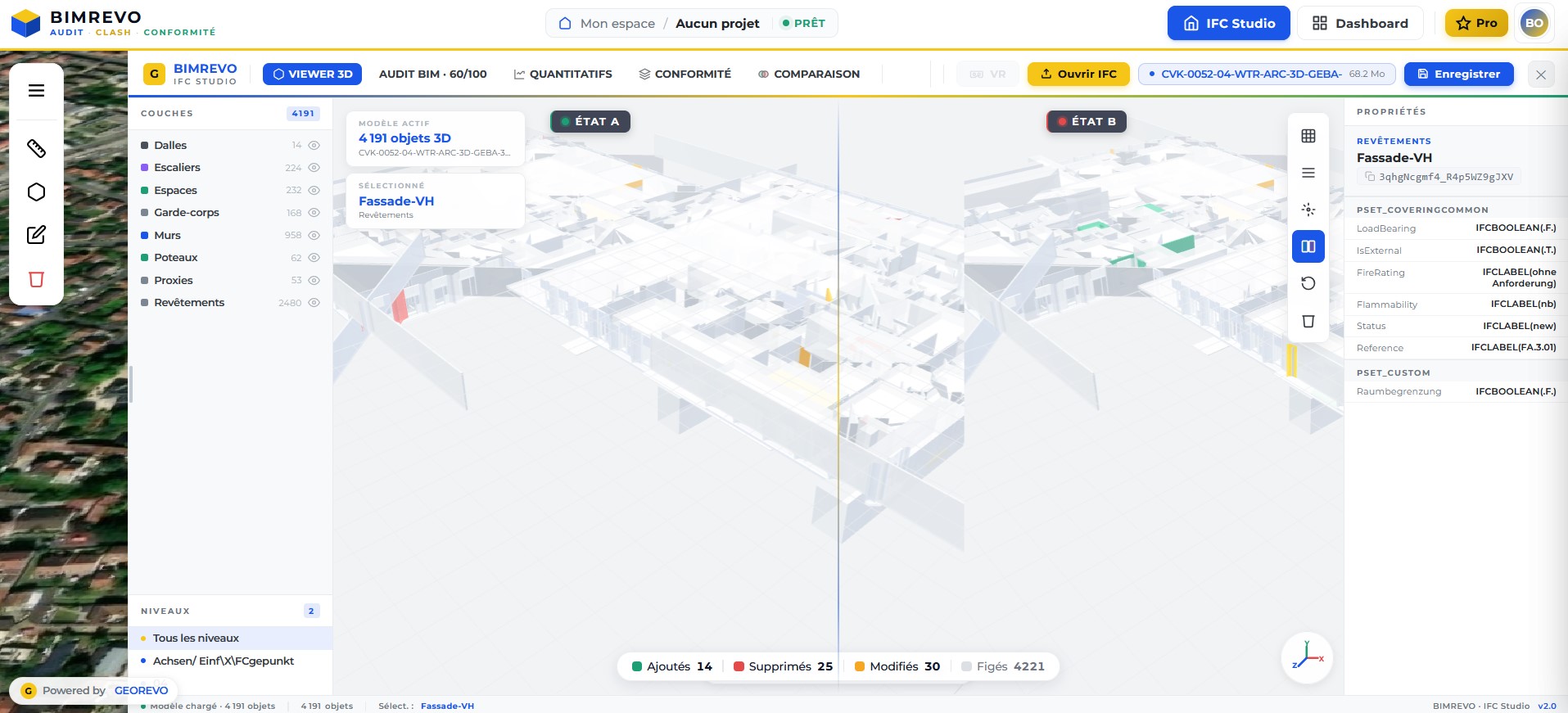 BIMREVO Comparaison IFC - Vue split avec mise en évidence des modifications