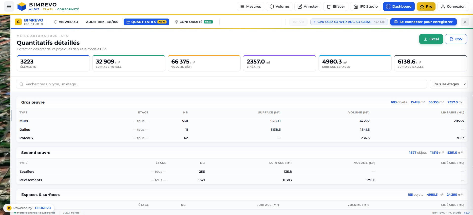 BIMREVO Quantitatifs - Métré automatique avec export Excel/CSV