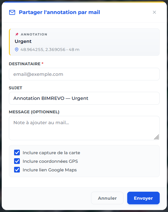BIMREVO Partage d'annotation par mail avec capture, GPS et lien Maps